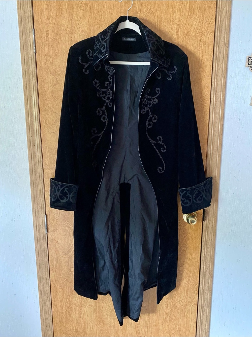 Devilish Fashion Brand Black Velvet Long Coat with Embroidered Details